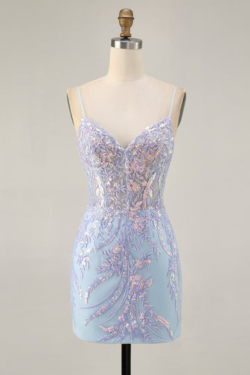 Blue Appliqued Homecoming Dress with Sequins